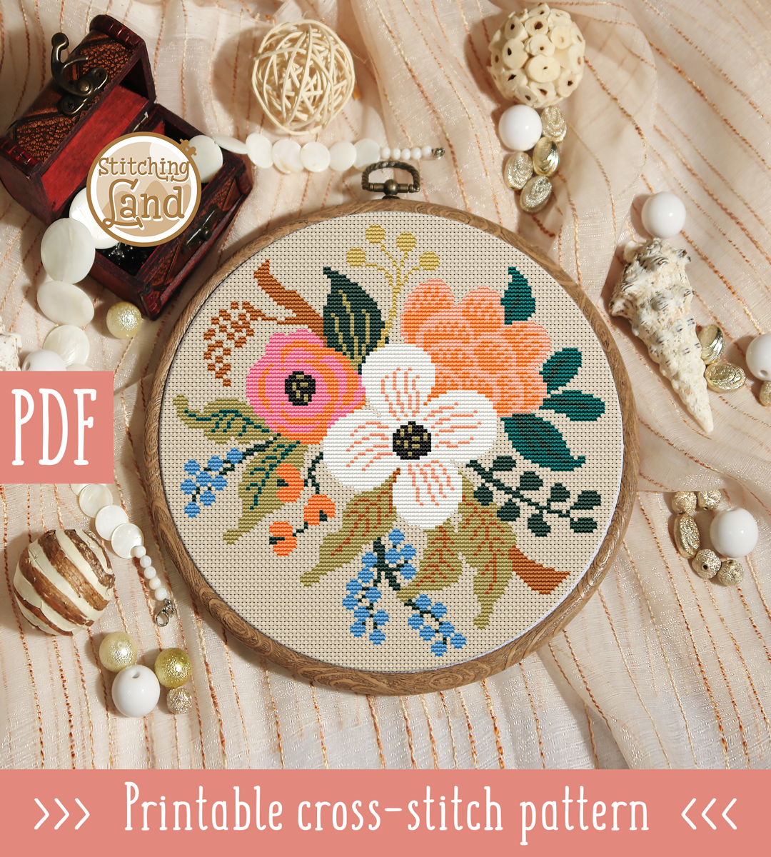 White Pink Flowers Cross Stitch Pattern