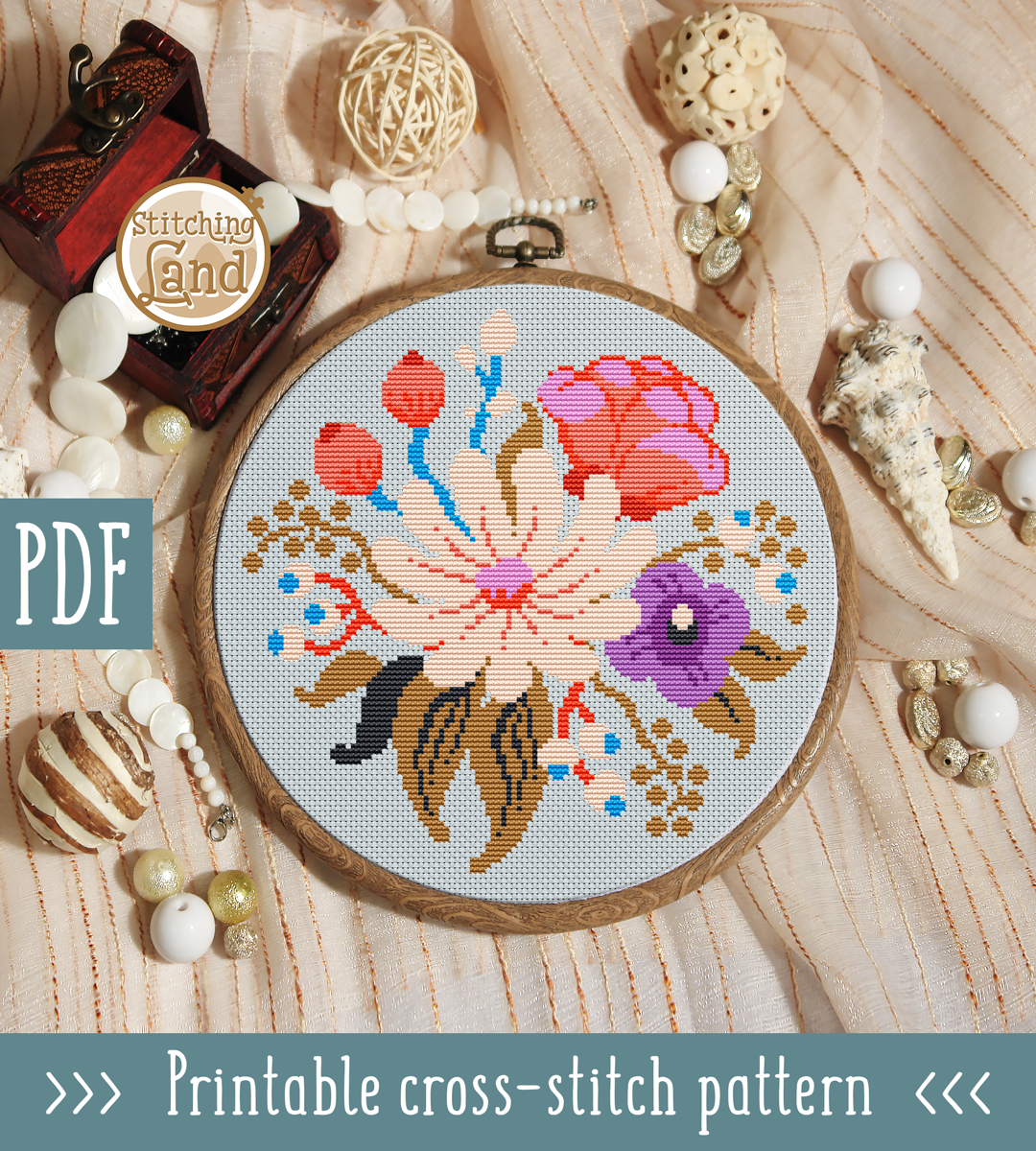 White Pink Flowers II Cross Stitch Pattern