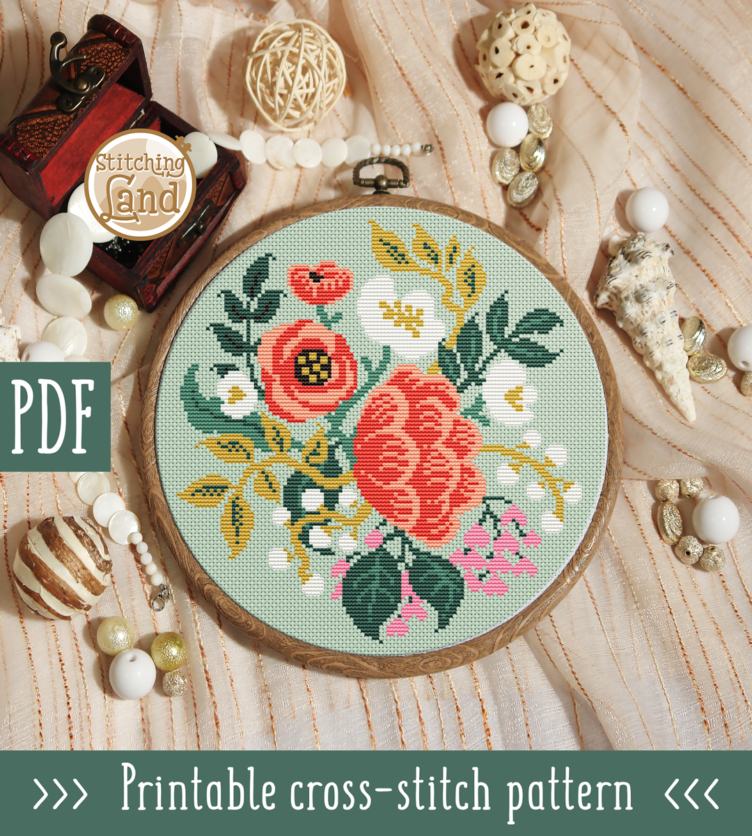 White Red Flowers Cross Stitch Pattern