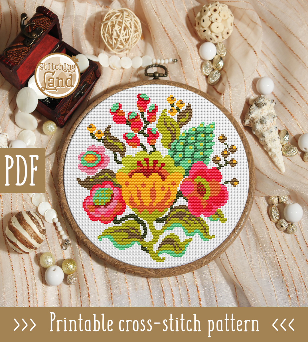 Yellow Red Flowers Cross Stitch Pattern