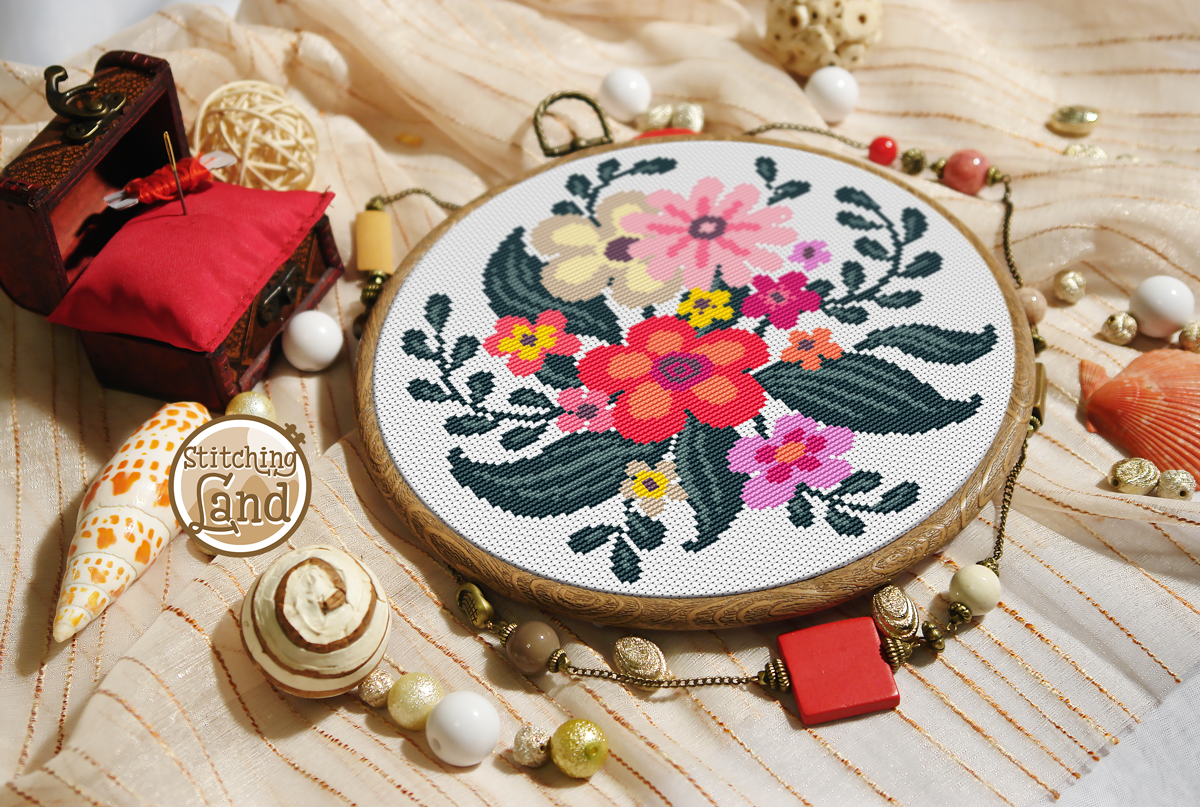 Black Red Flowers Cross Stitch Pattern
