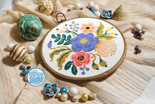 Blue Pink Flowers Cross Stitch Pattern