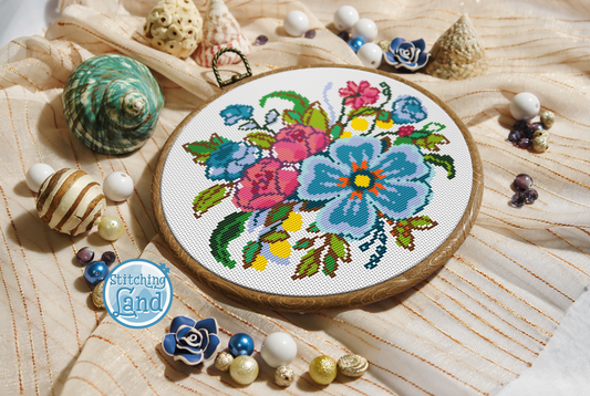 Blue Red Flowers Cross Stitch Pattern