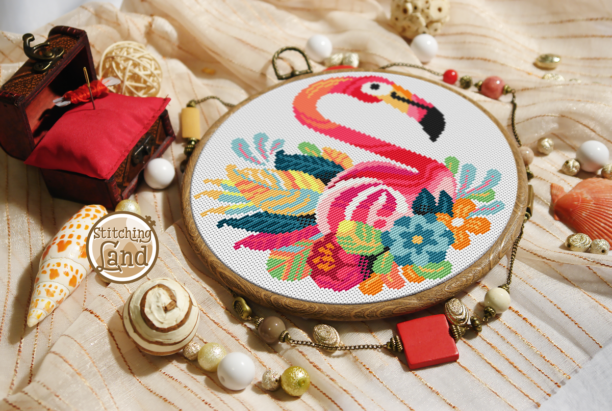 Flamingo Flowers Cross Stitch Pattern
