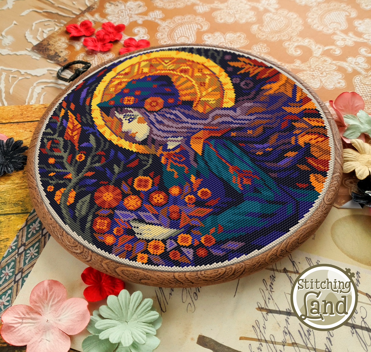 Girl & Autumn Bouquet Cross Stitch Pattern