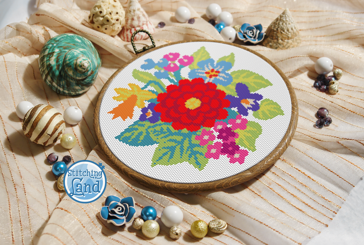 Red Blue Yellow Flowers Cross Stitch Pattern
