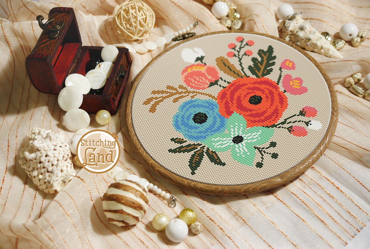 Red & Blue Flowers Cross Stitch Pattern