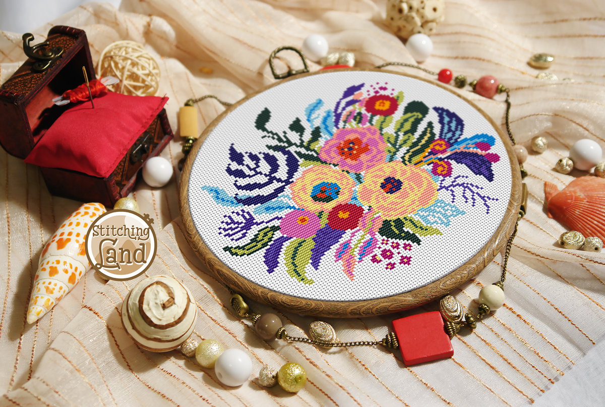 Red Pink Bouquet Cross Stitch Pattern