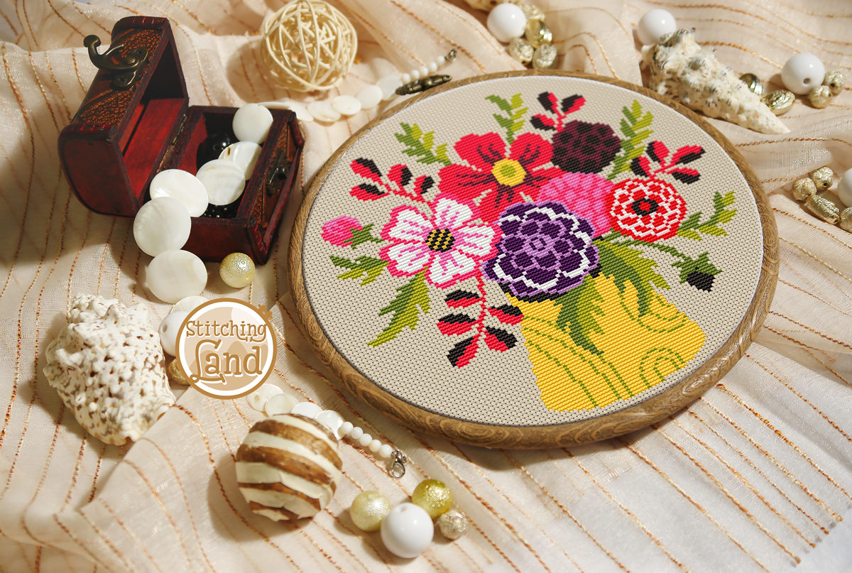 Red Violet Bouquet Cross Stitch Pattern