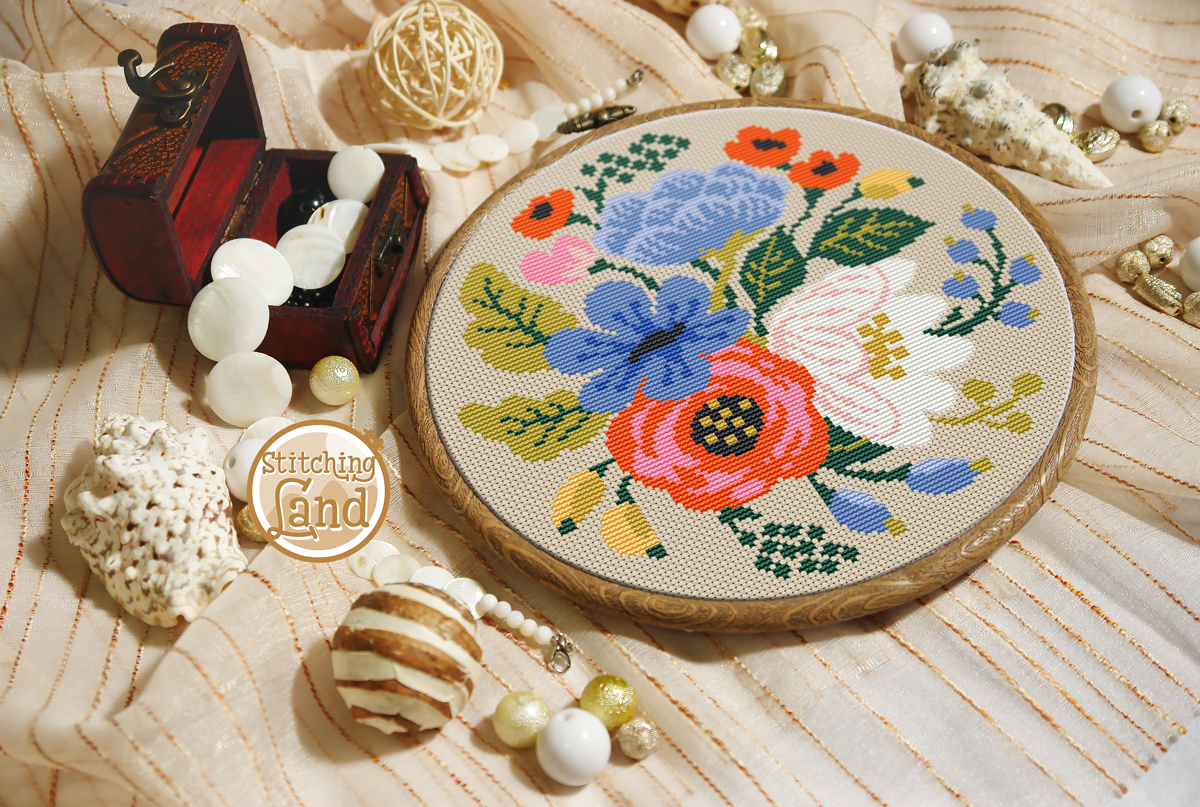 White Blue Flowers Cross Stitch Pattern