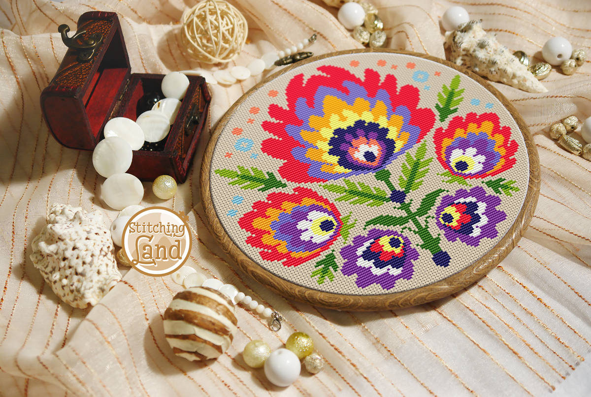 Wycinanka Flowers Cross Stitch Pattern