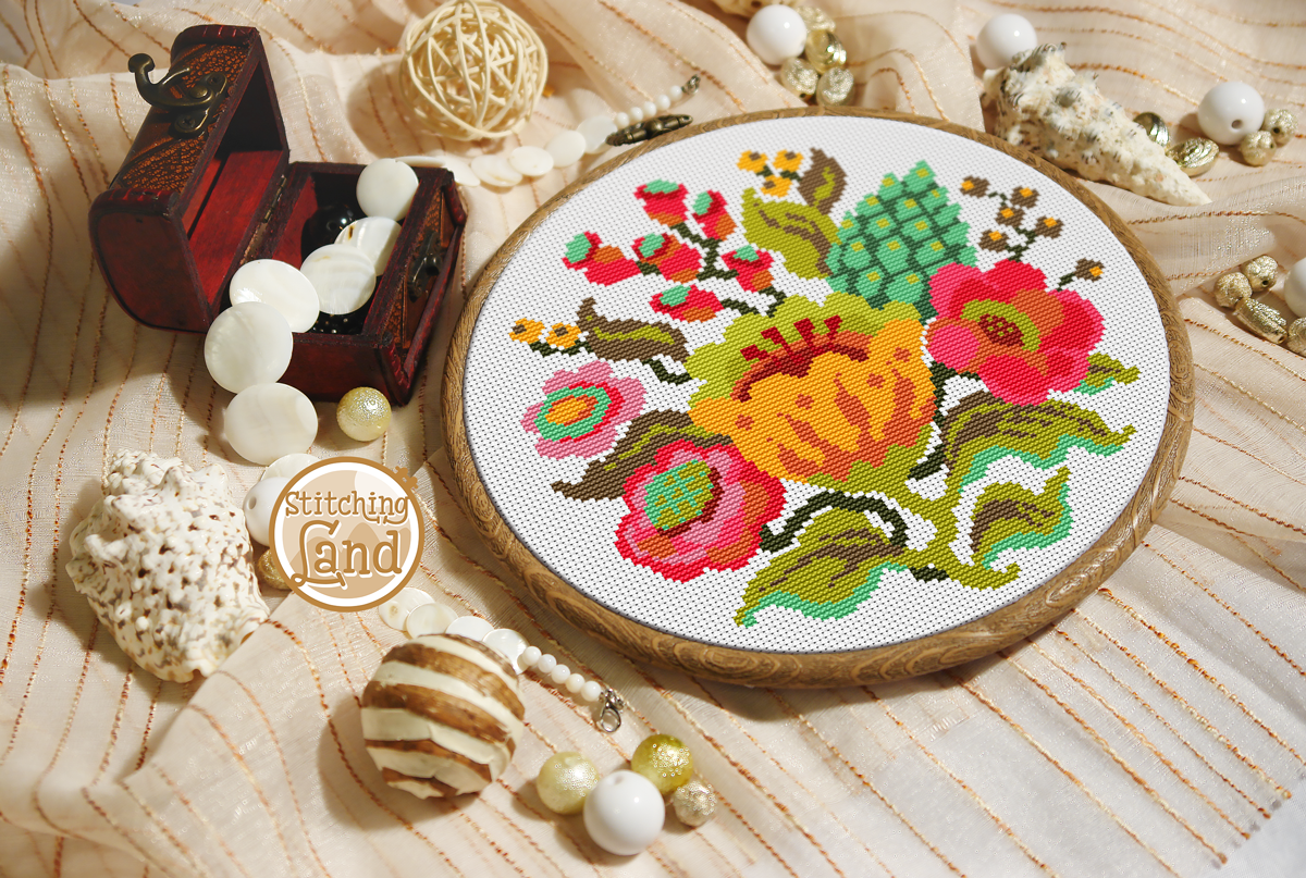 Yellow Red Flowers Cross Stitch Pattern