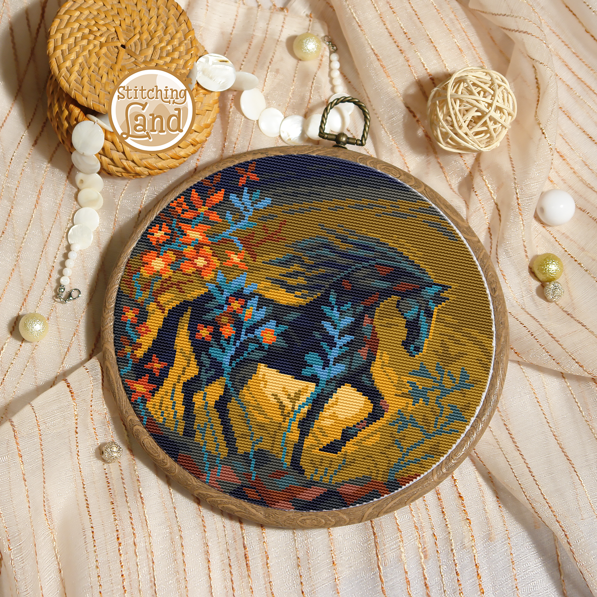 Black Flower Horse Cross Stitch Pattern
