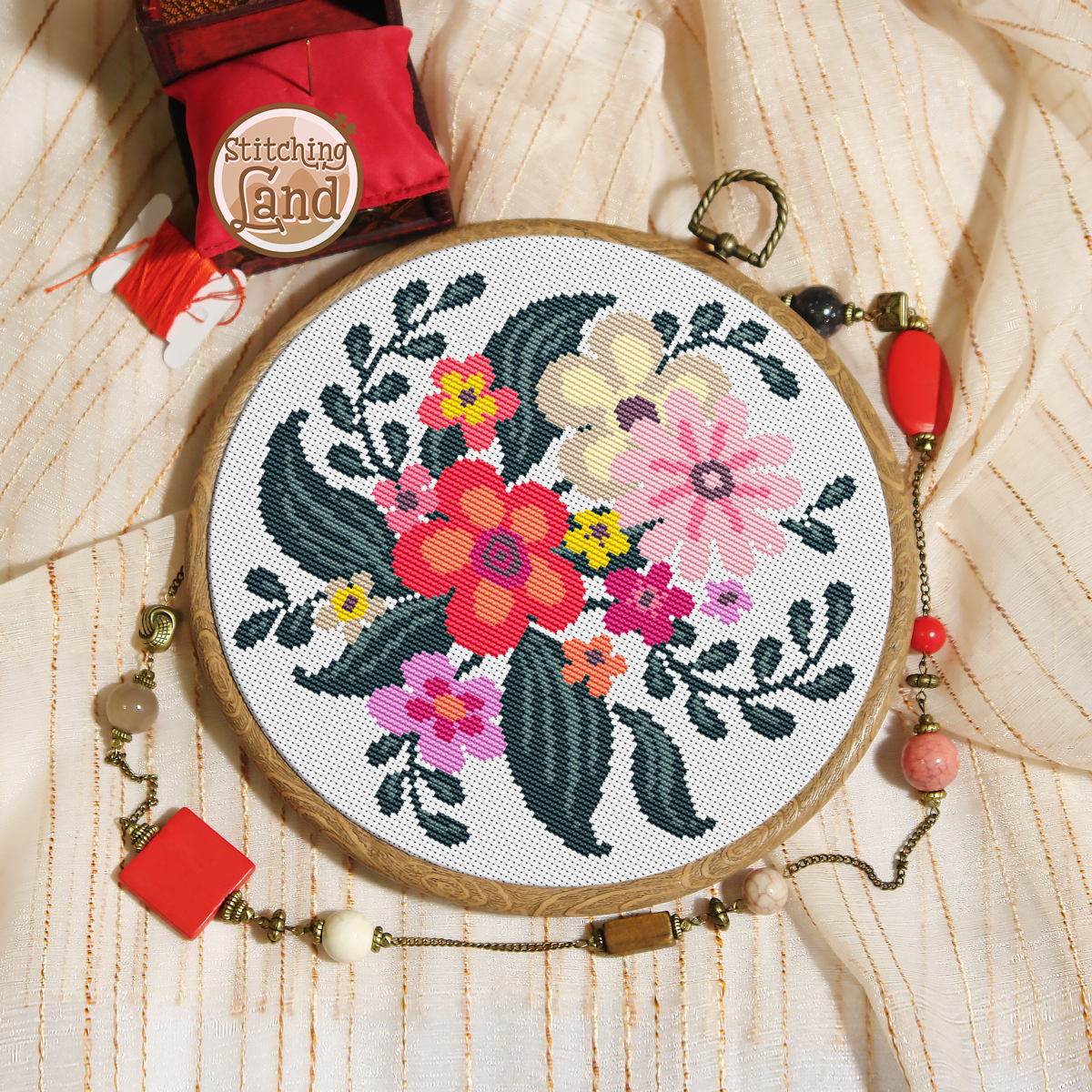 Black Red Flowers Cross Stitch Pattern