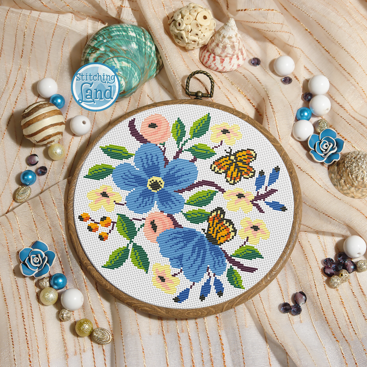 Blue Flowers & Butterflies Cross Stitch Pattern