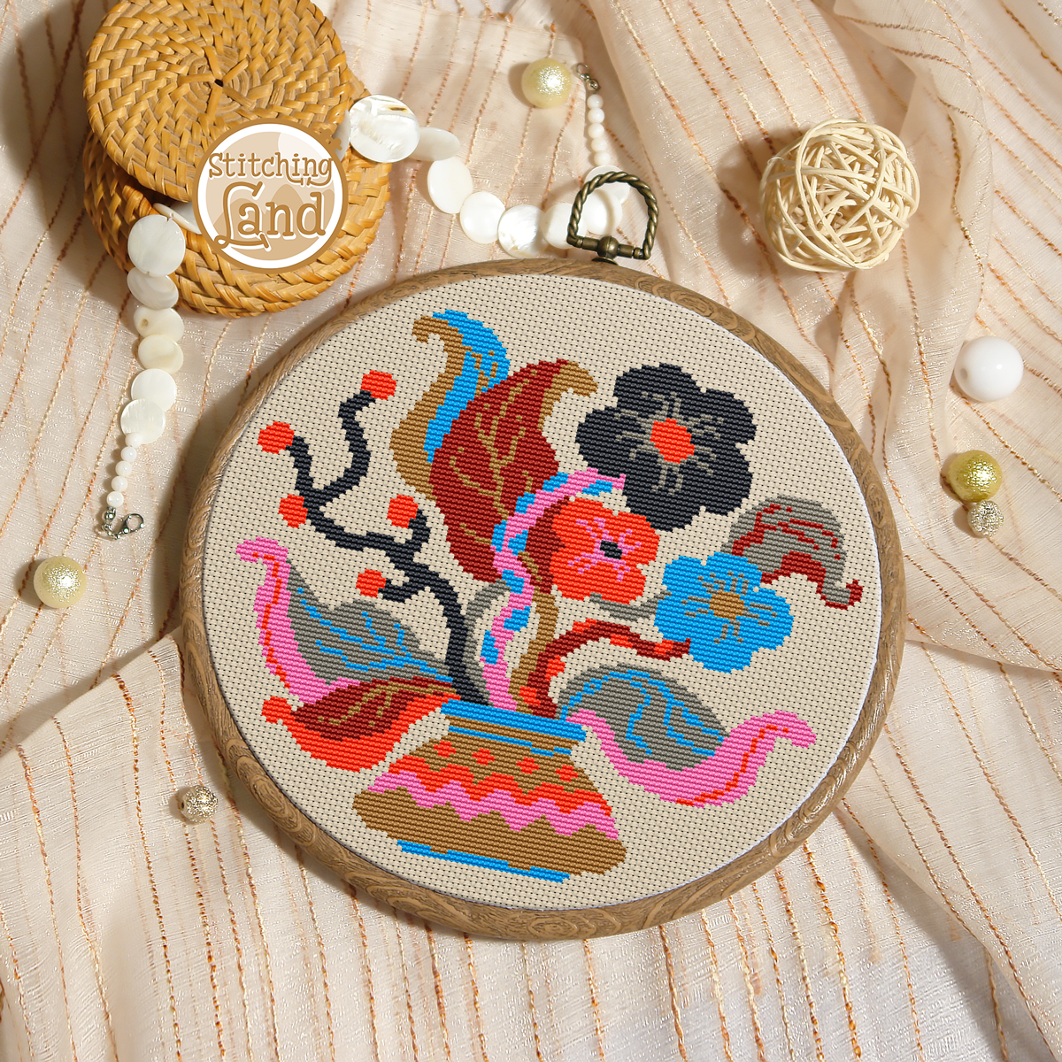 Blue Pink Bouquet Cross Stitch Pattern