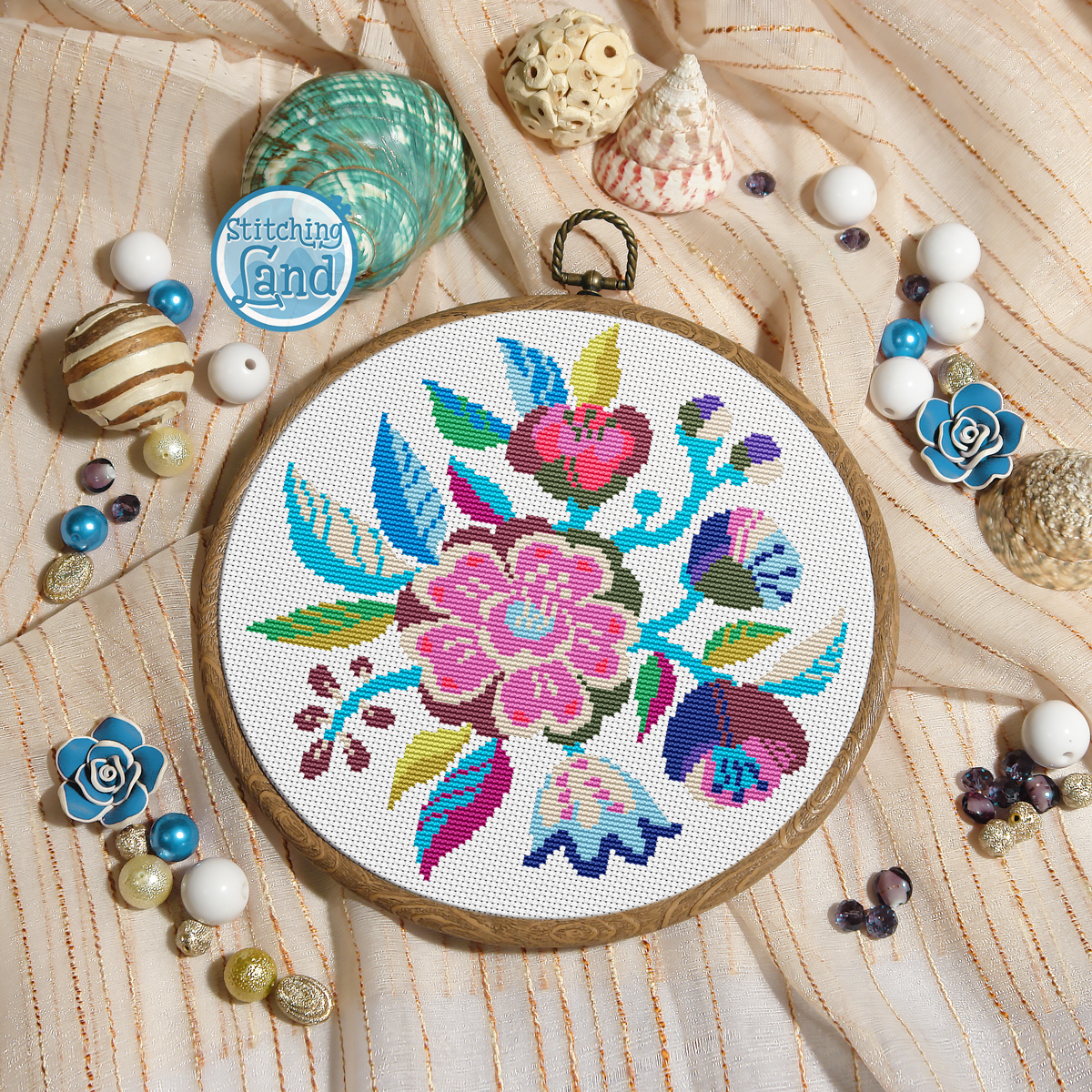 Blue Pink Flowers II Cross Stitch Pattern