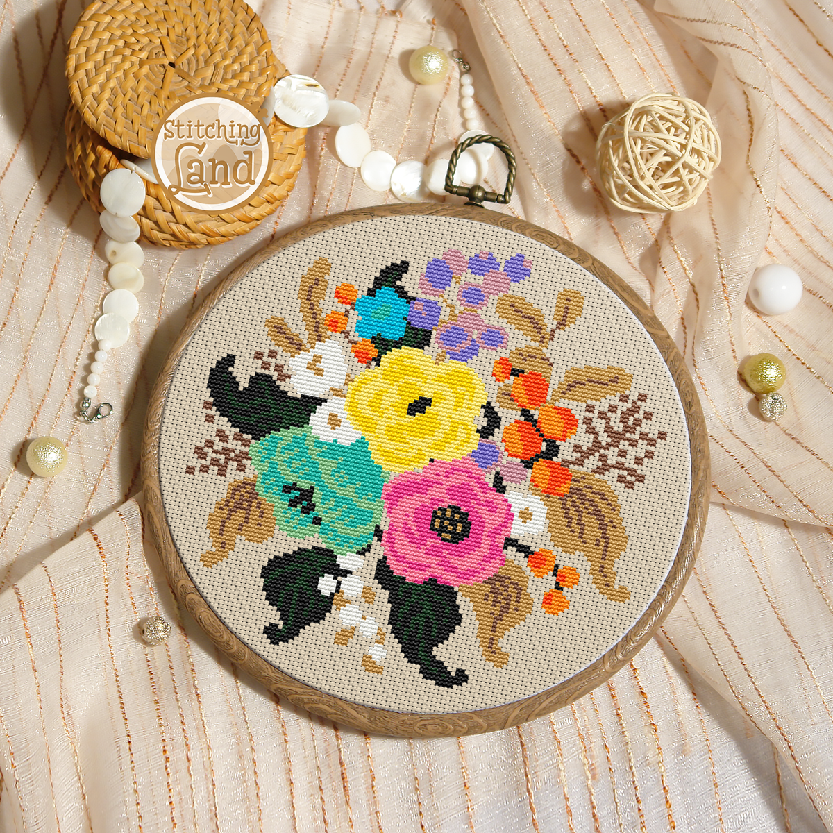 Blue Pink Yellow Flower Cross Stitch Pattern