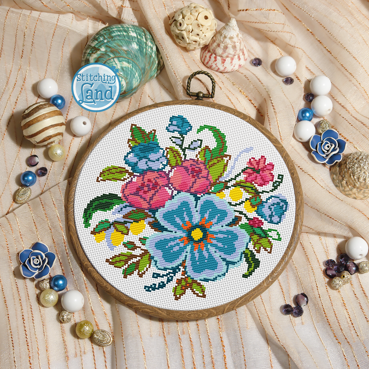 Blue Red Flowers Cross Stitch Pattern
