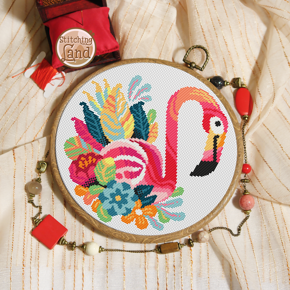 Flamingo Flowers Cross Stitch Pattern