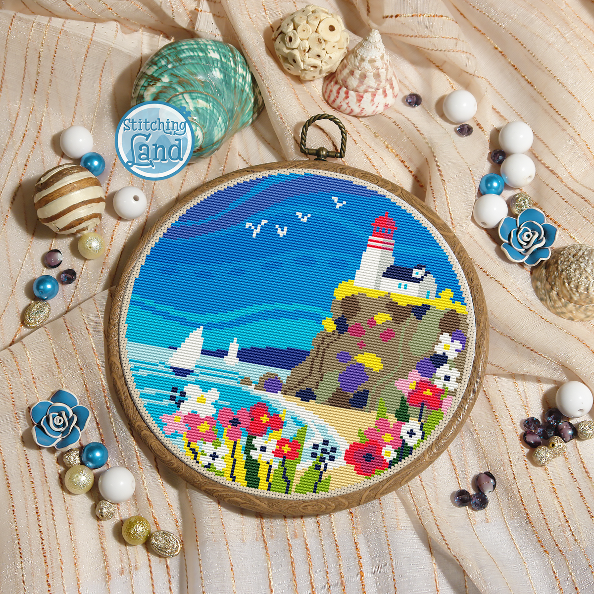 Flower Lighthouse Cross Stitch Pattern