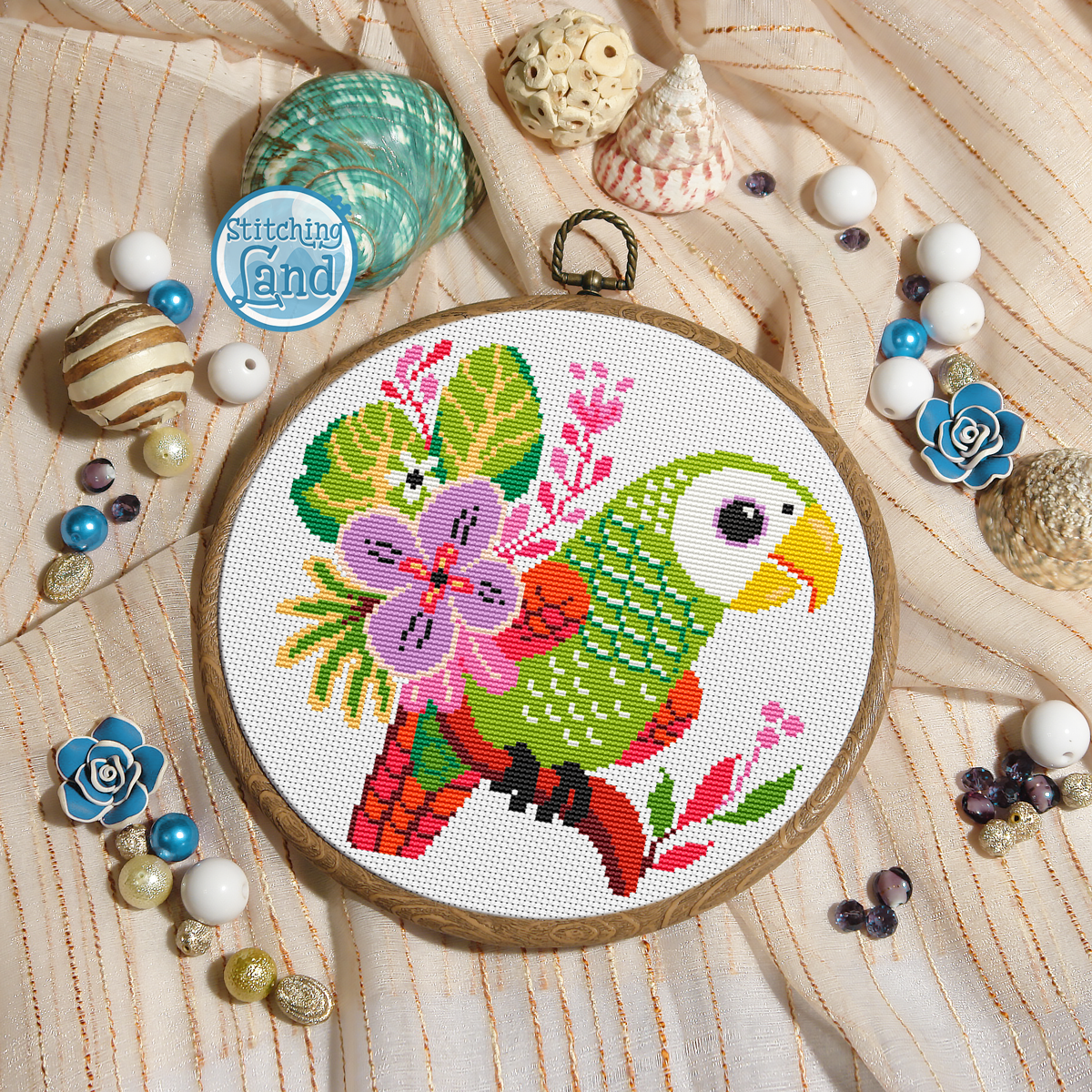 Green Parrot Cross Stitch Pattern