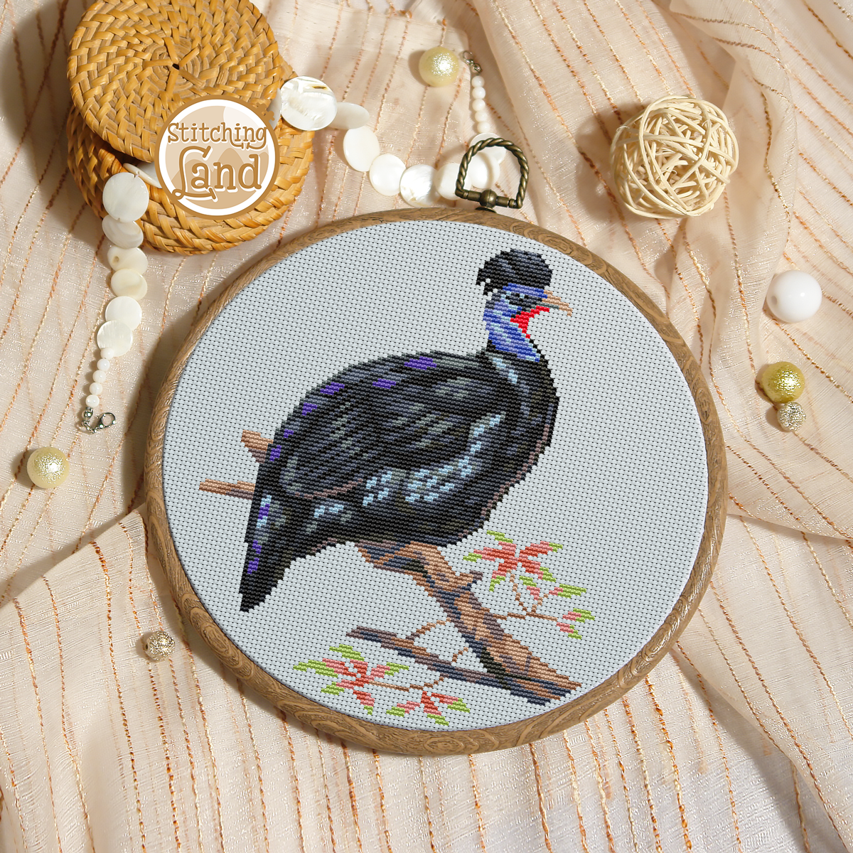 Helmeted Guineafowl Cross Stitch Pattern