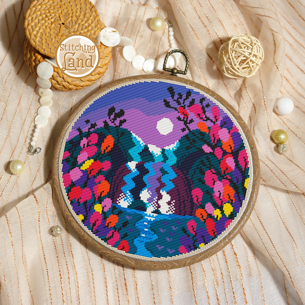 Night Waterfall Cross Stitch Pattern