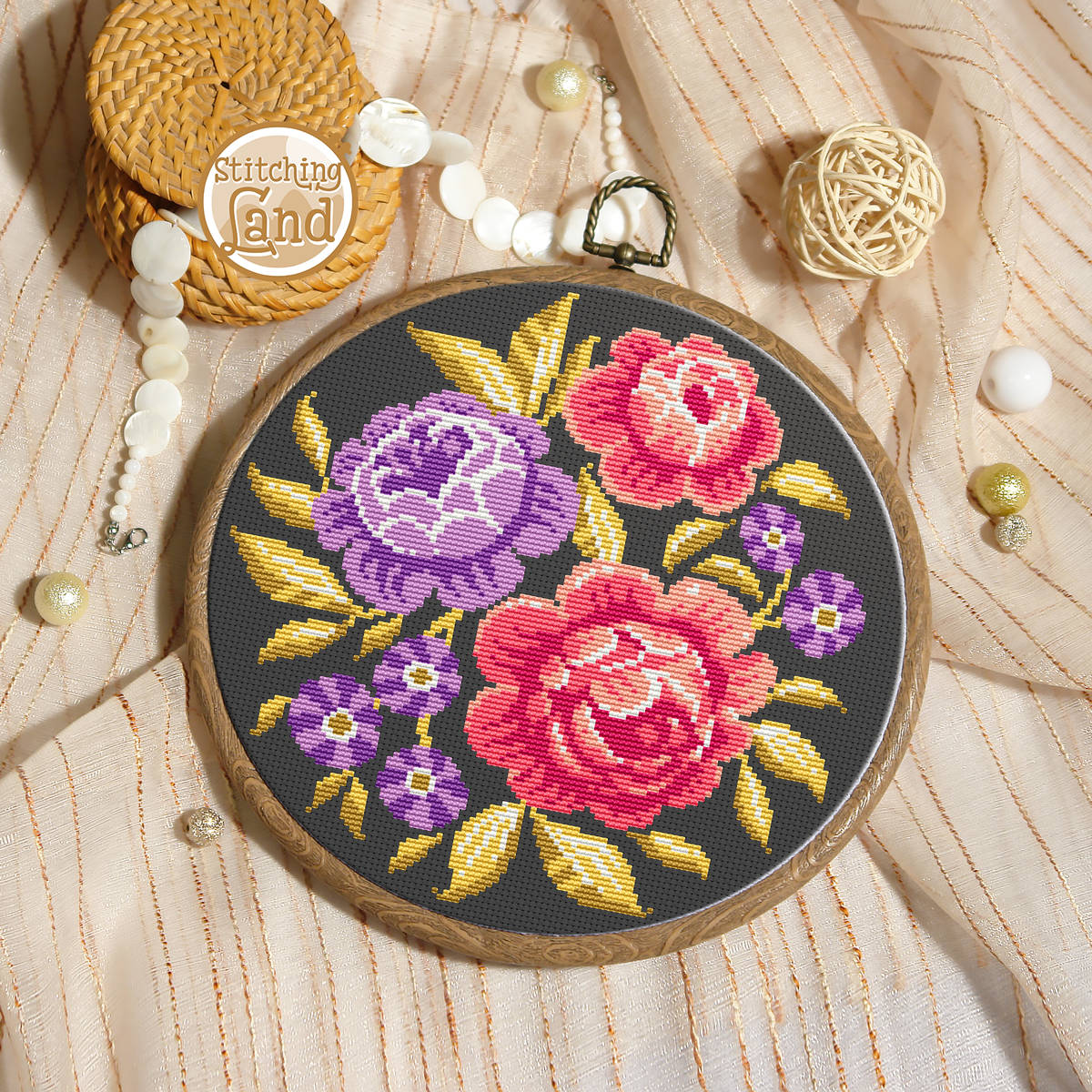 Pink Blue Flowers Cross Stitch Pattern