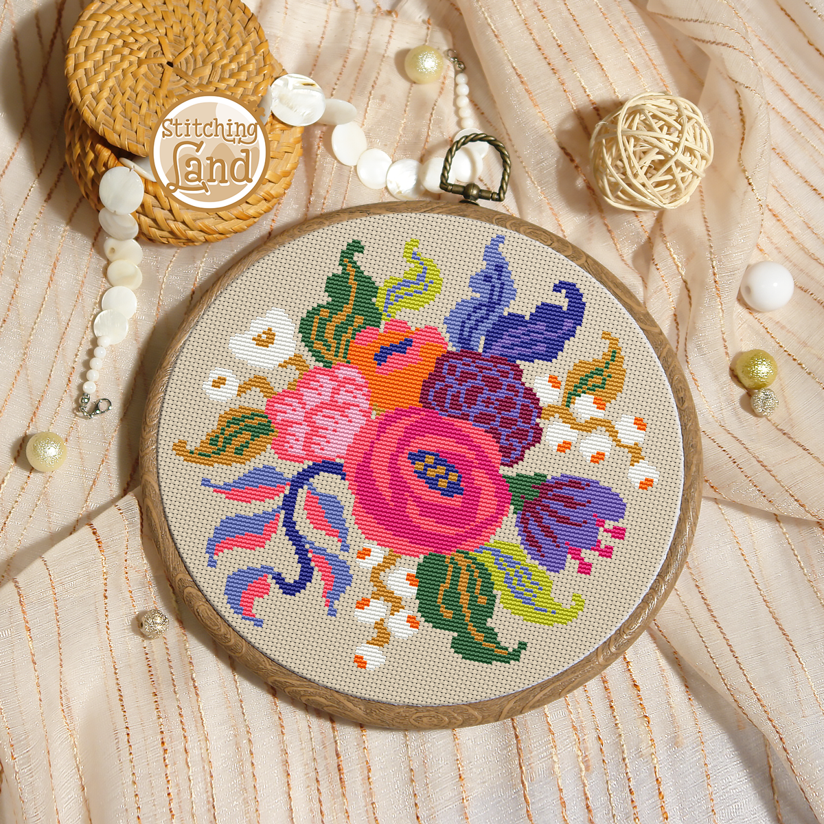 Pink Burgundy Flowers Cross Stitch Pattern