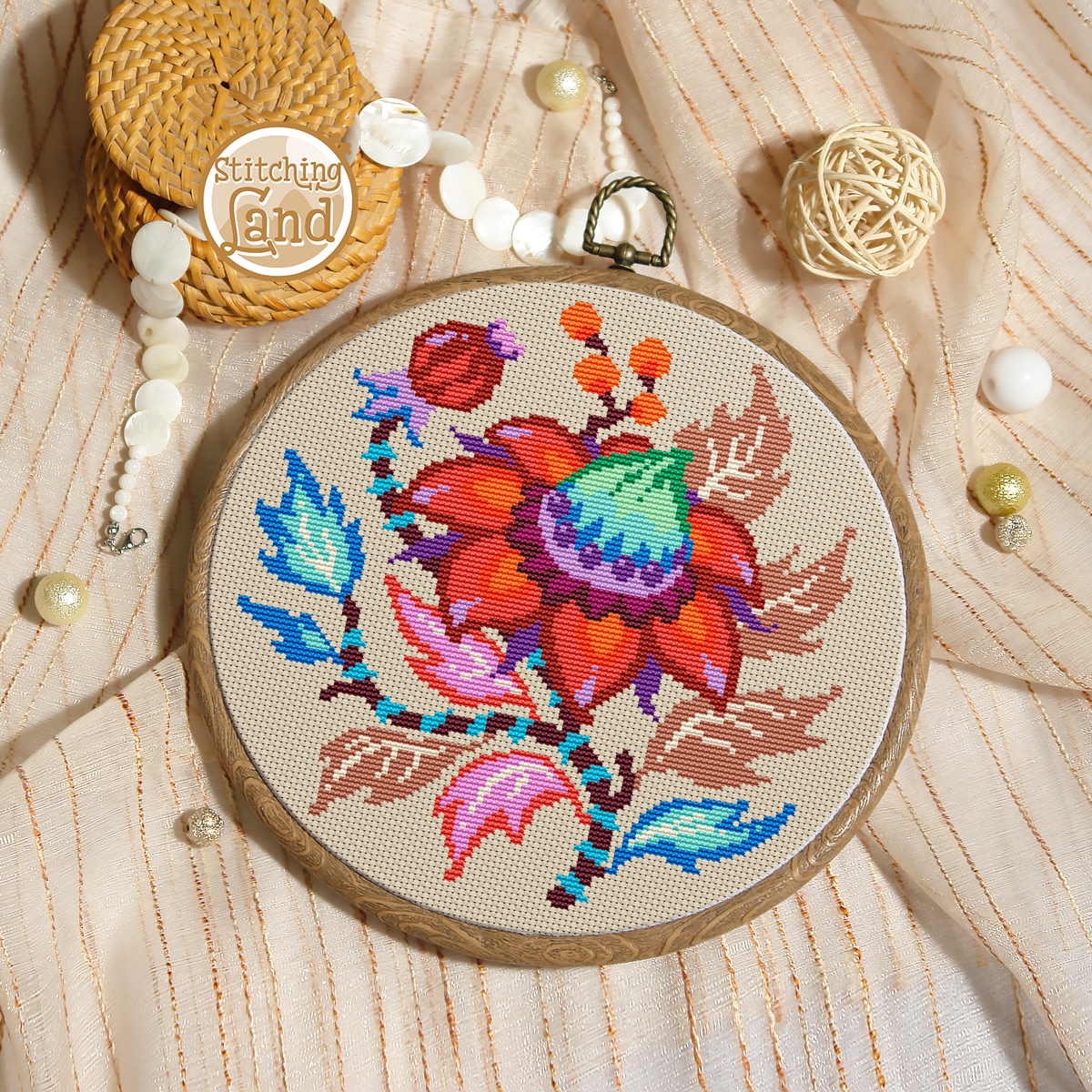 Red Azure Flower Cross Stitch Pattern