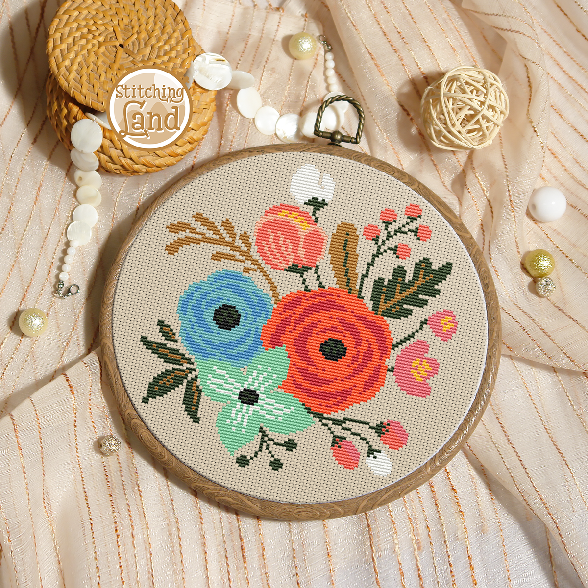 Red & Blue Flowers Cross Stitch Pattern