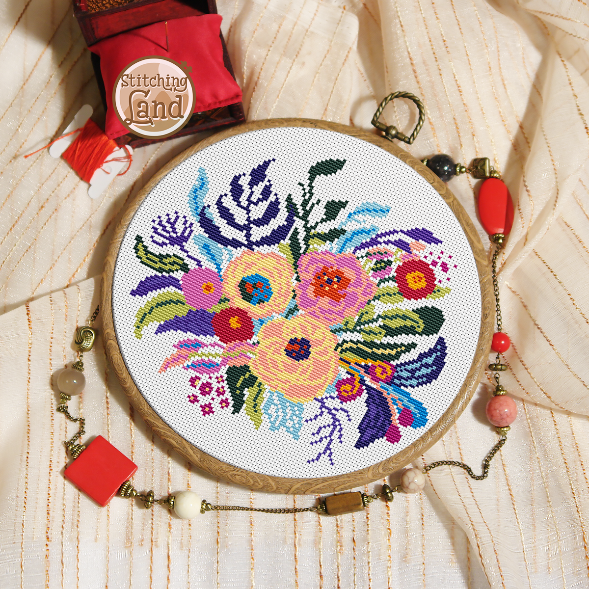 Red Pink Bouquet Cross Stitch Pattern