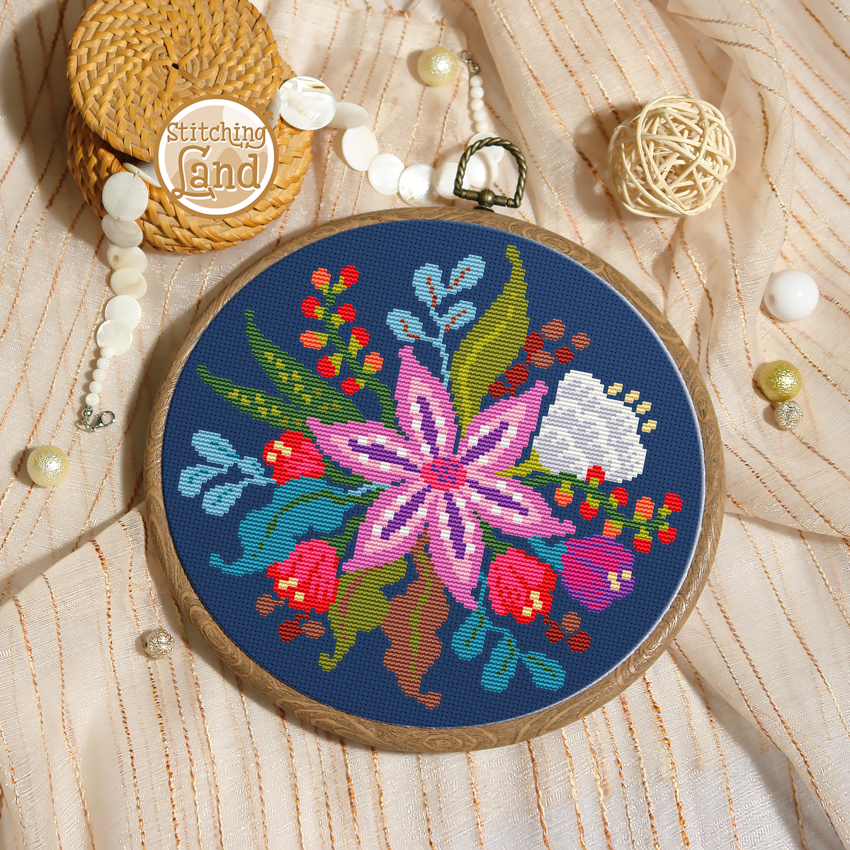 Red Pink Flowers Cross Stitch Pattern