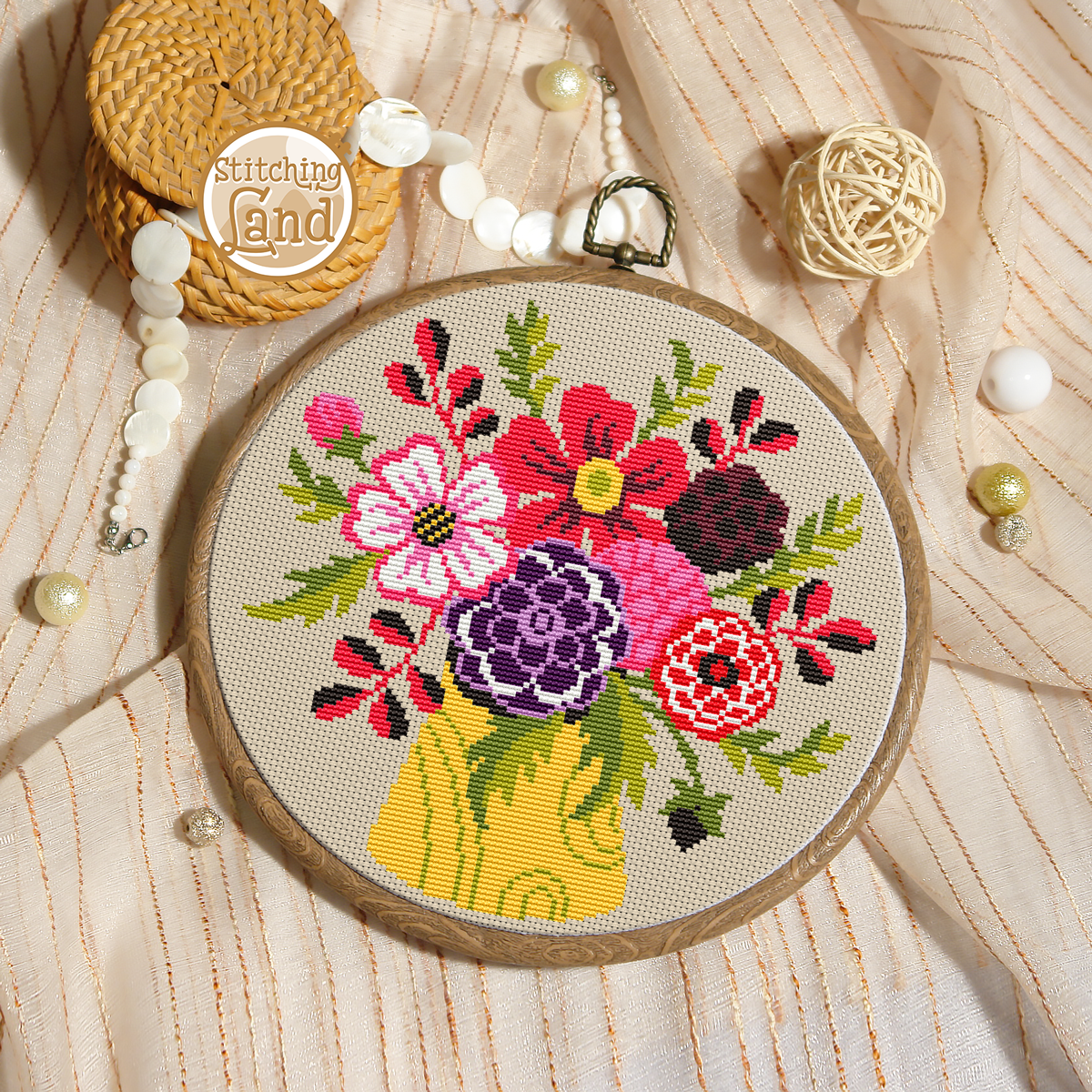 Red Violet Bouquet Cross Stitch Pattern