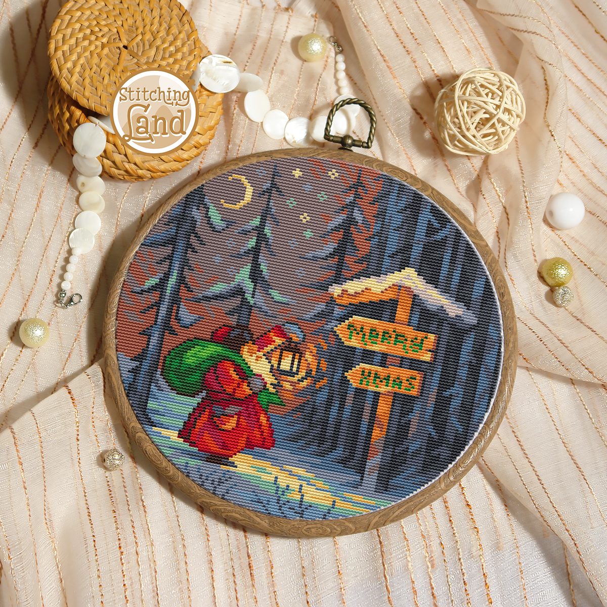 Santa in the Forest Cross Stitch Pattern