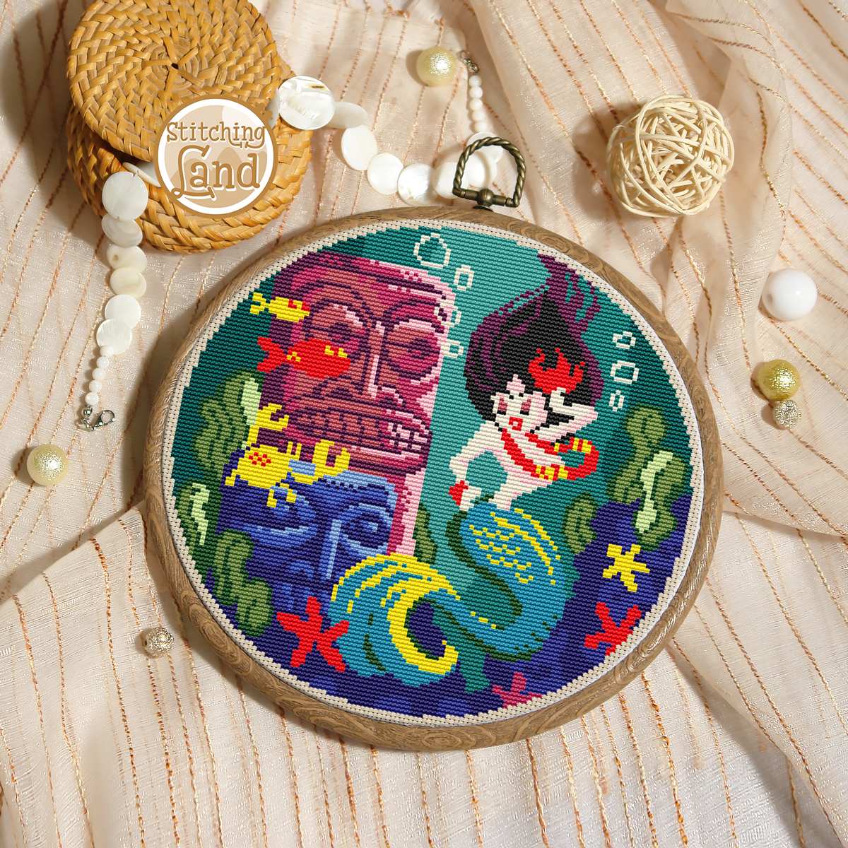Tiki Mermaid Cross Stitch Pattern