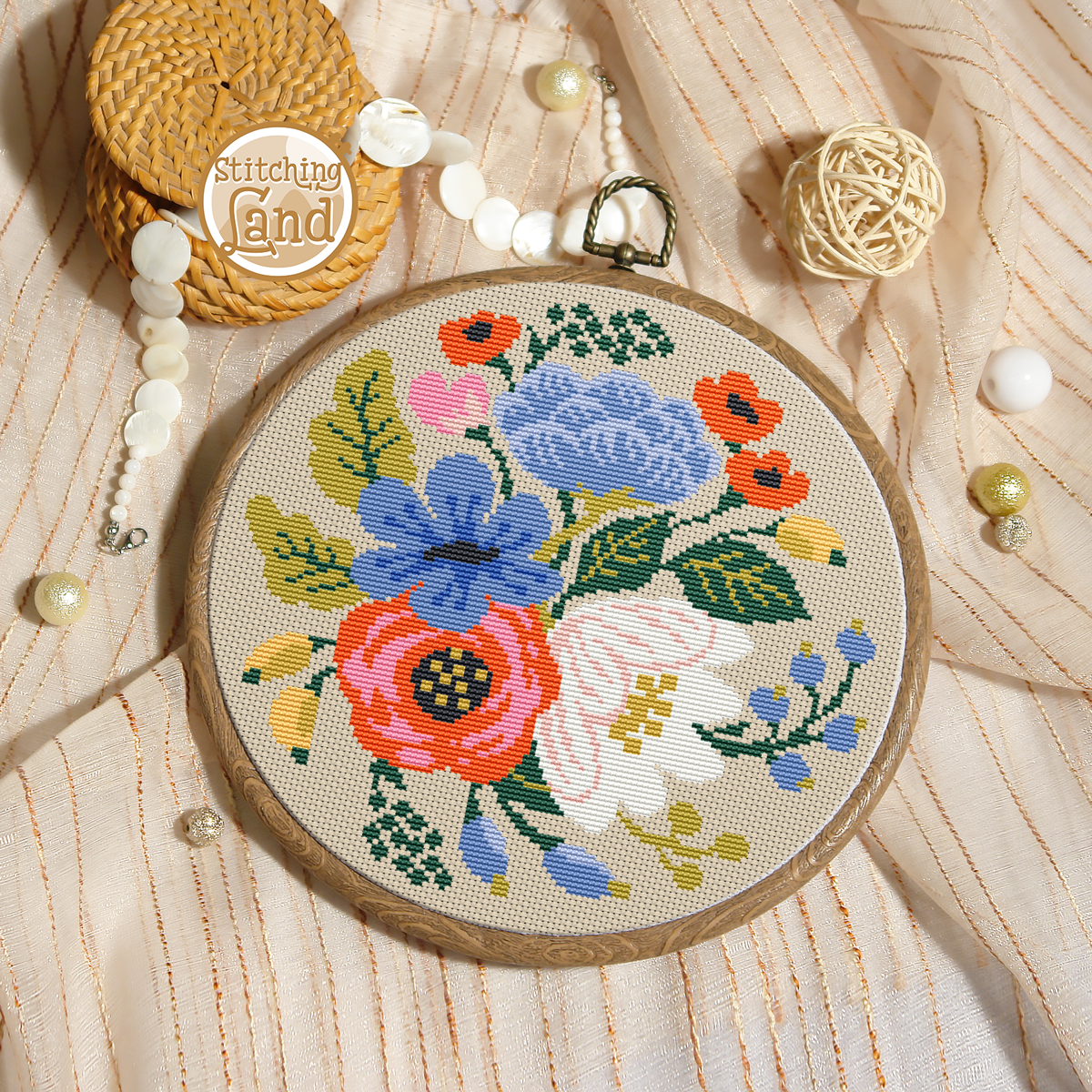 White Blue Flowers Cross Stitch Pattern