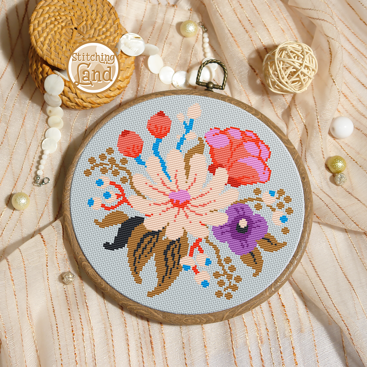 White Pink Flowers II Cross Stitch Pattern