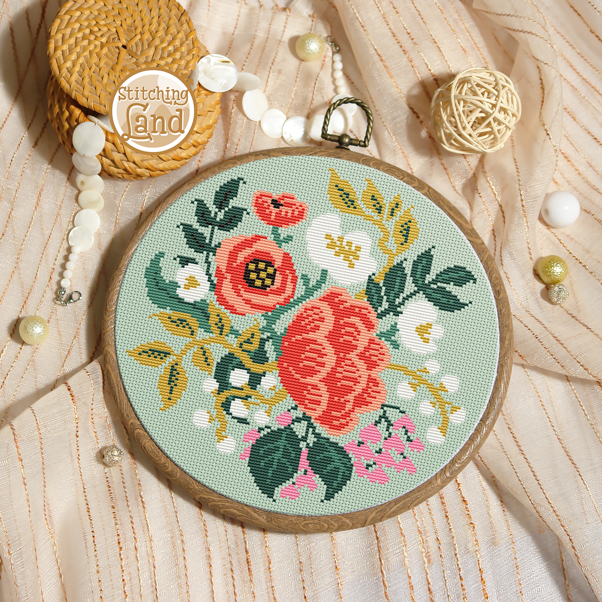 White Red Flowers Cross Stitch Pattern