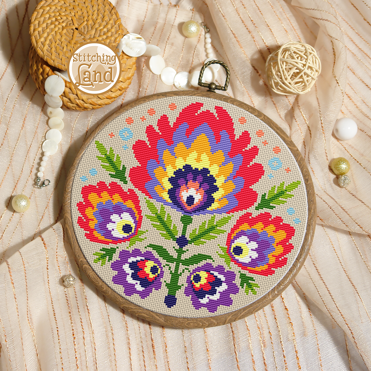 Wycinanka Flowers Cross Stitch Pattern