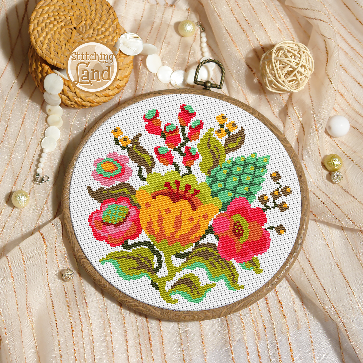 Yellow Red Flowers Cross Stitch Pattern