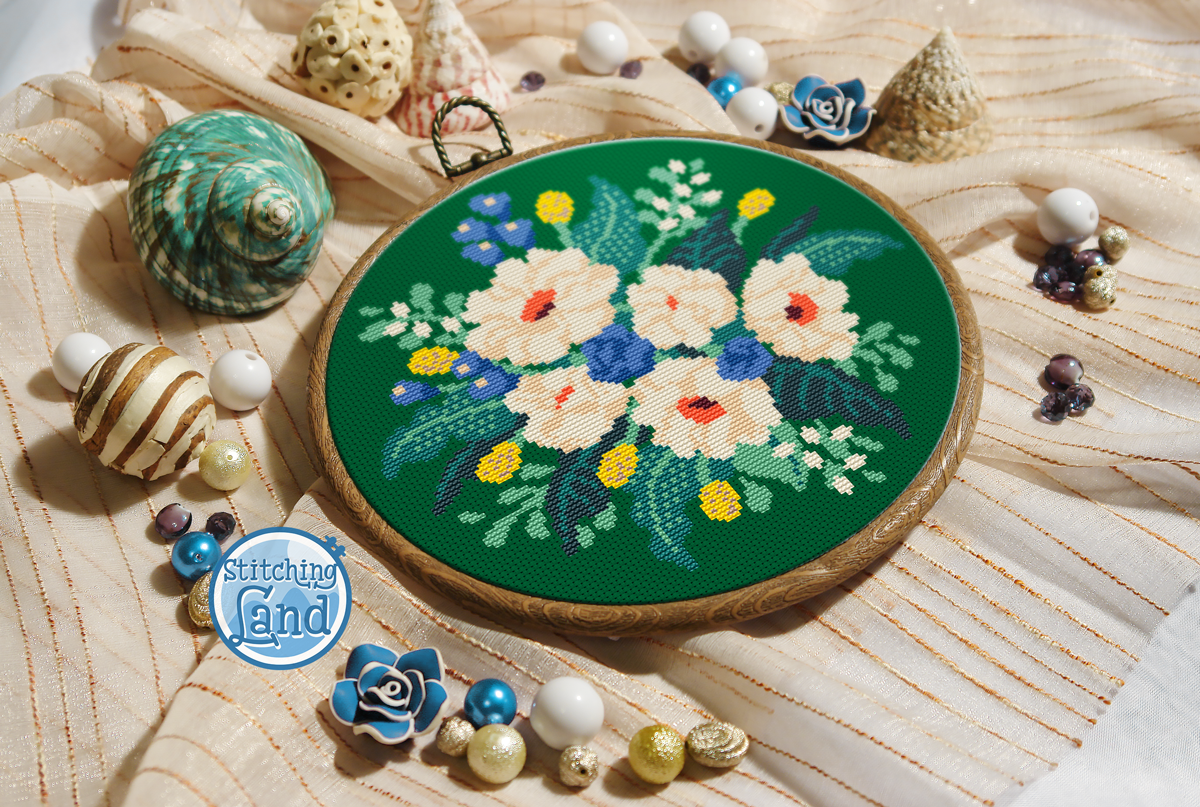White Blue Flowers II Cross Stitch Pattern