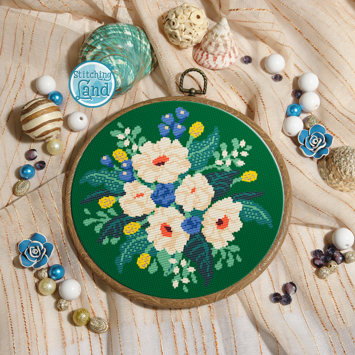 White Blue Flowers II Cross Stitch Pattern