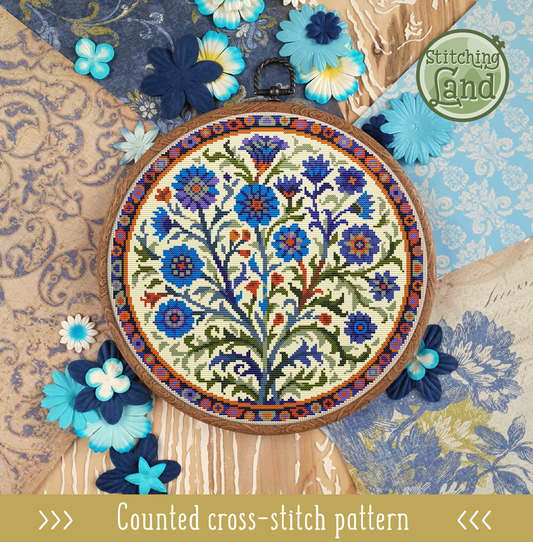 Art Nouveau Blue Flowers Cross Stitch Pattern