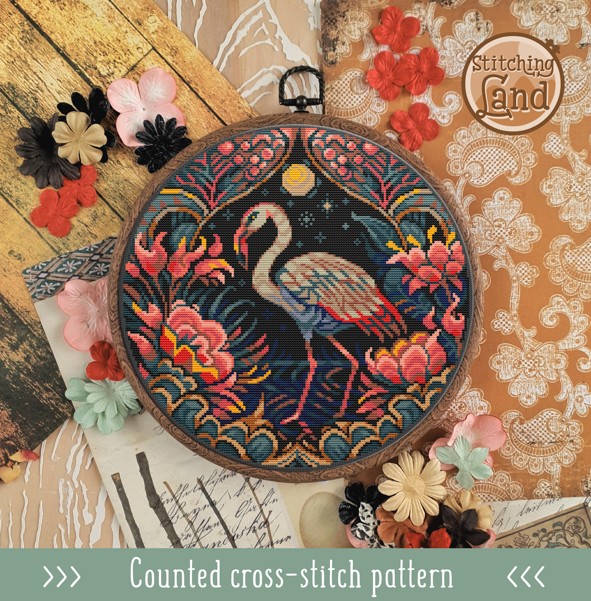 Art Nouveau Flamingo Cross Stitch Pattern