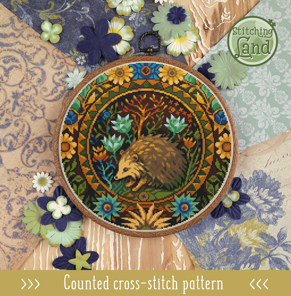 Art Nouveau Hedgehog Cross Stitch Pattern