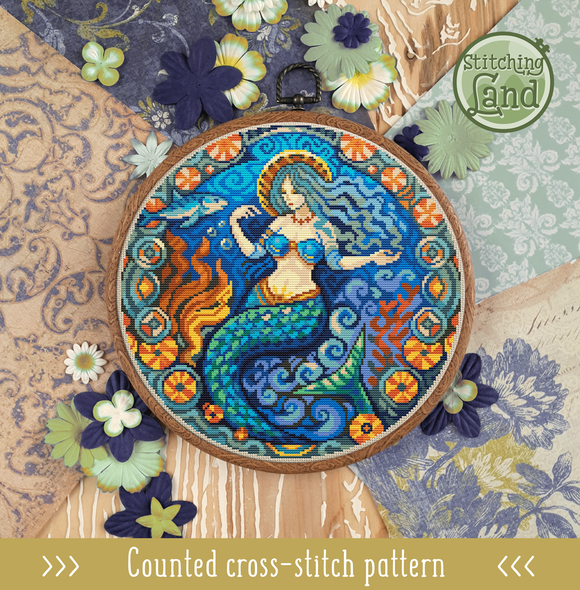 Art Nouveau Mermaid Cross Stitch Pattern