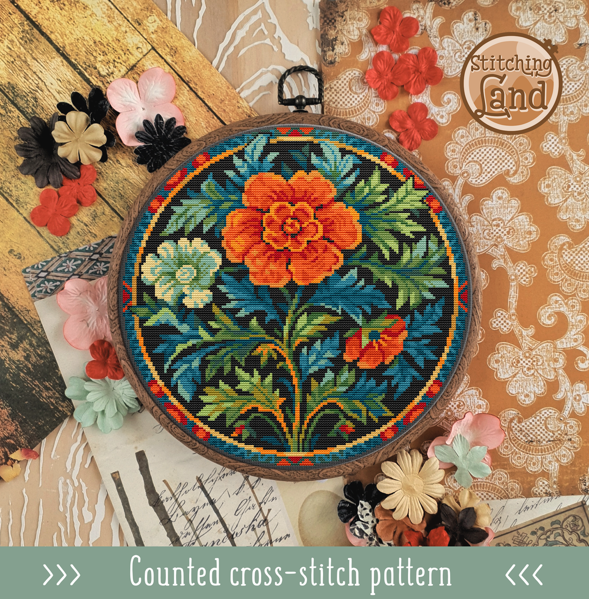 Art Nouveau Red Flower Cross Stitch Pattern
