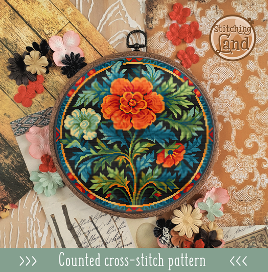Art Nouveau Red Flower Cross Stitch Pattern